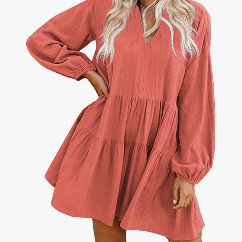 Women’s Shift Dress Bell Sleeve V-Neck Loose Dress with Pockets